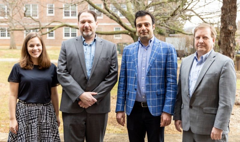 Katie Walkup, Michael Kretser, Shahab Sagheb, and Robert Smith collaborate as faculty members for the Calhoun Honors Discovery Program, an Honors College program funded by a $20 million donation from Boeing CEO David Calhoun. Photo by Melody Warnick for Virginia Tech.