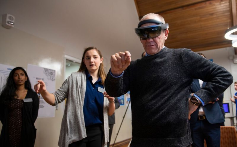 Boeing CEO David Calhoun visits with students at the Calhoun Discovery Program at Virginia Tech last December.